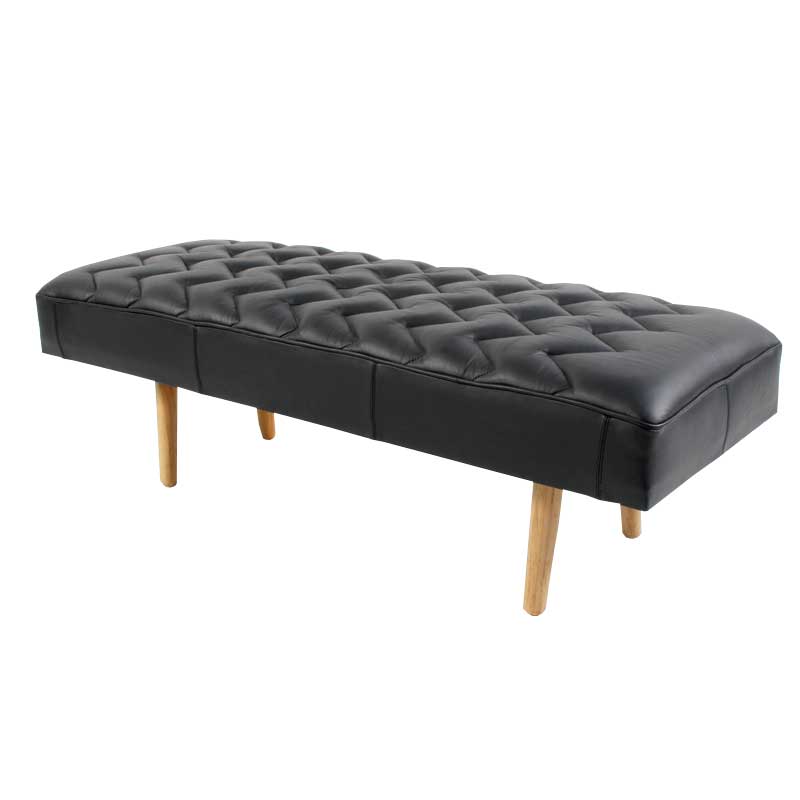 Bench in black leather with wooden legs - Deszine Talks