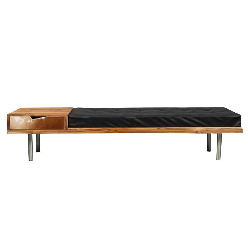 Teak and leather bench / entrance furniture with steel legs